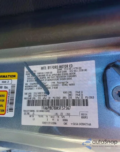 2021 Ford Mustang Gt z USA, uszkodzony, nr VIN 1FA6P8CF8M5157567